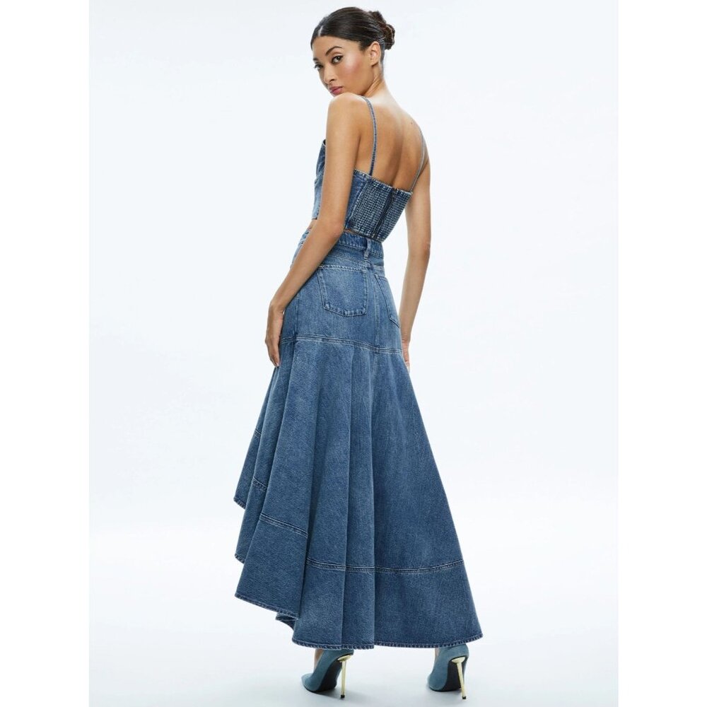 Alice + Olivia Donella High Low Blue Denim Skirt 25 - Picture 3 of 14